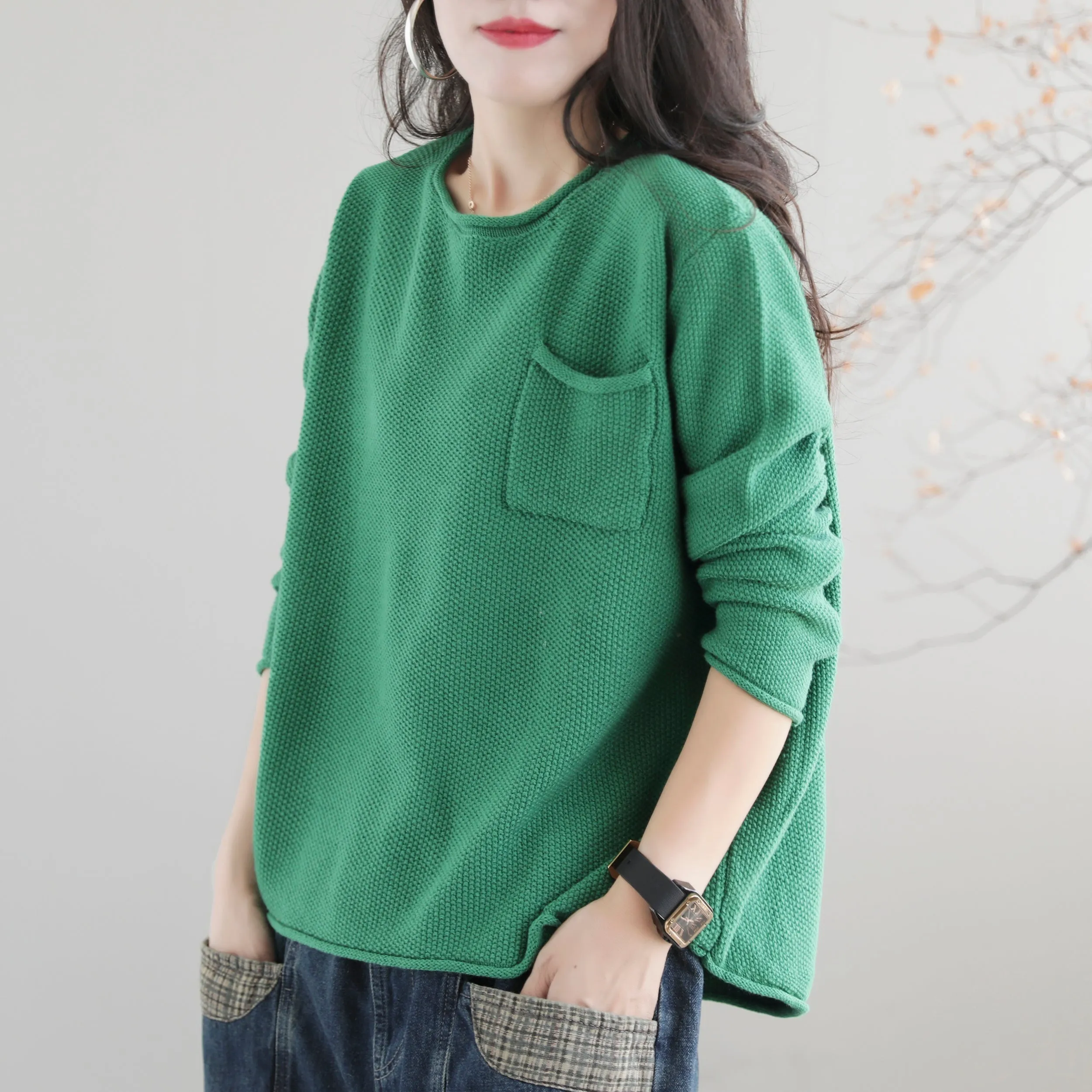 Women Autumn Solid Retro Cotton Knitted Sweater