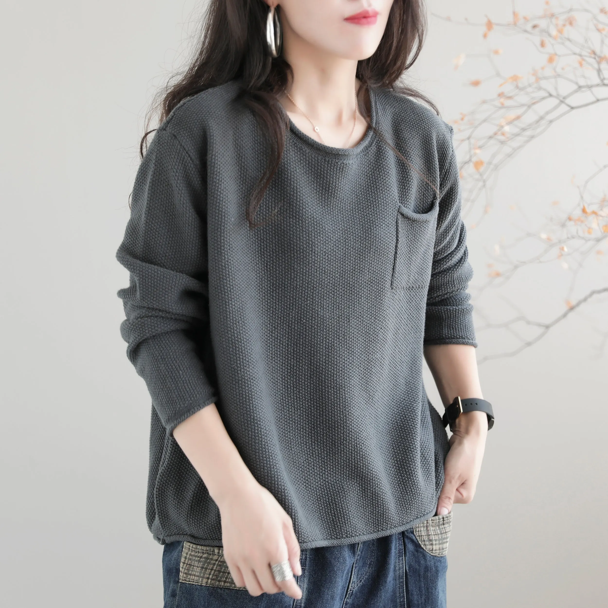 Women Autumn Solid Retro Cotton Knitted Sweater