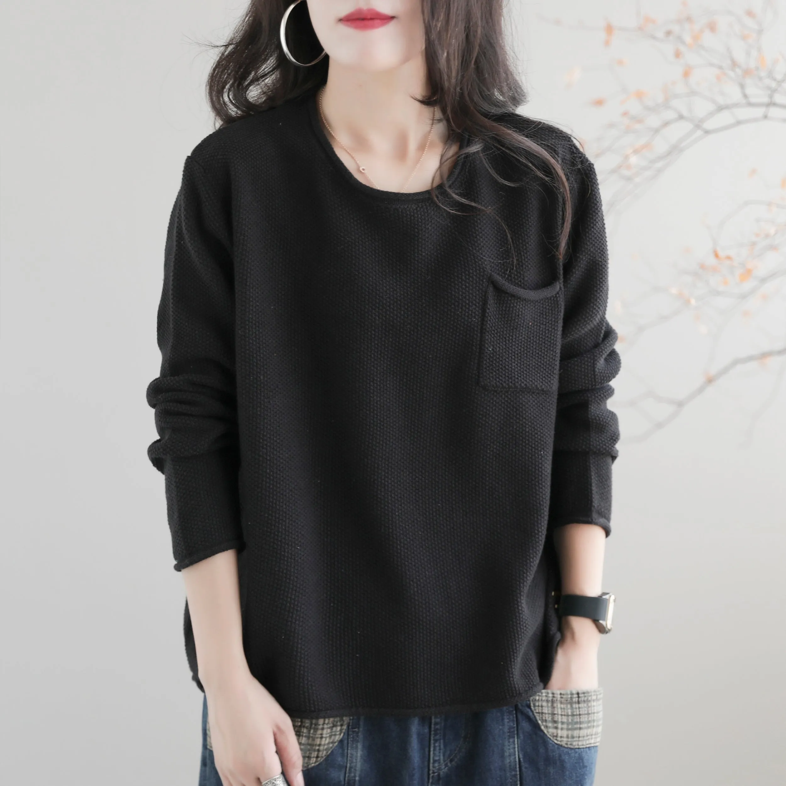 Women Autumn Solid Retro Cotton Knitted Sweater