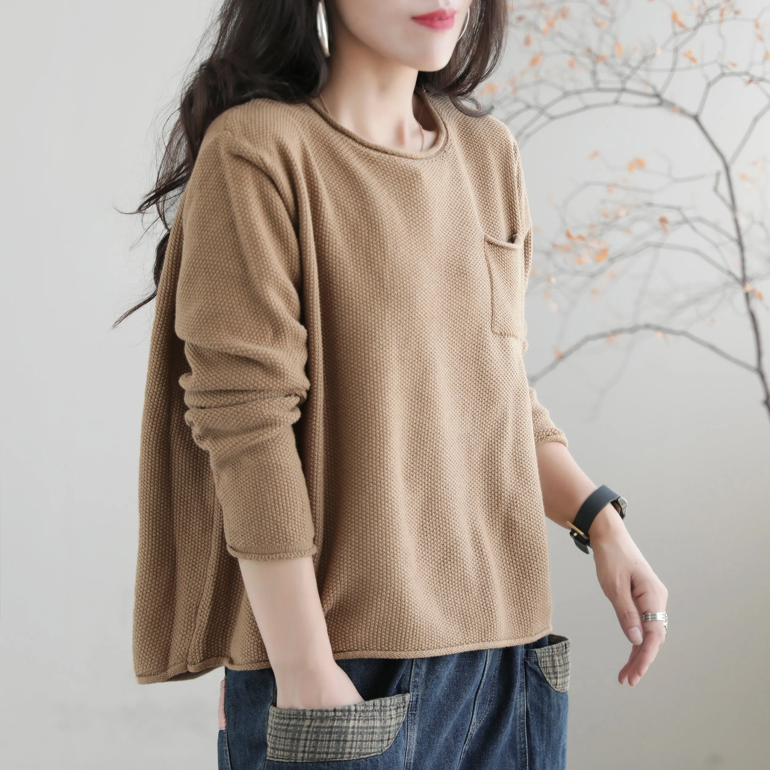 Women Autumn Solid Retro Cotton Knitted Sweater