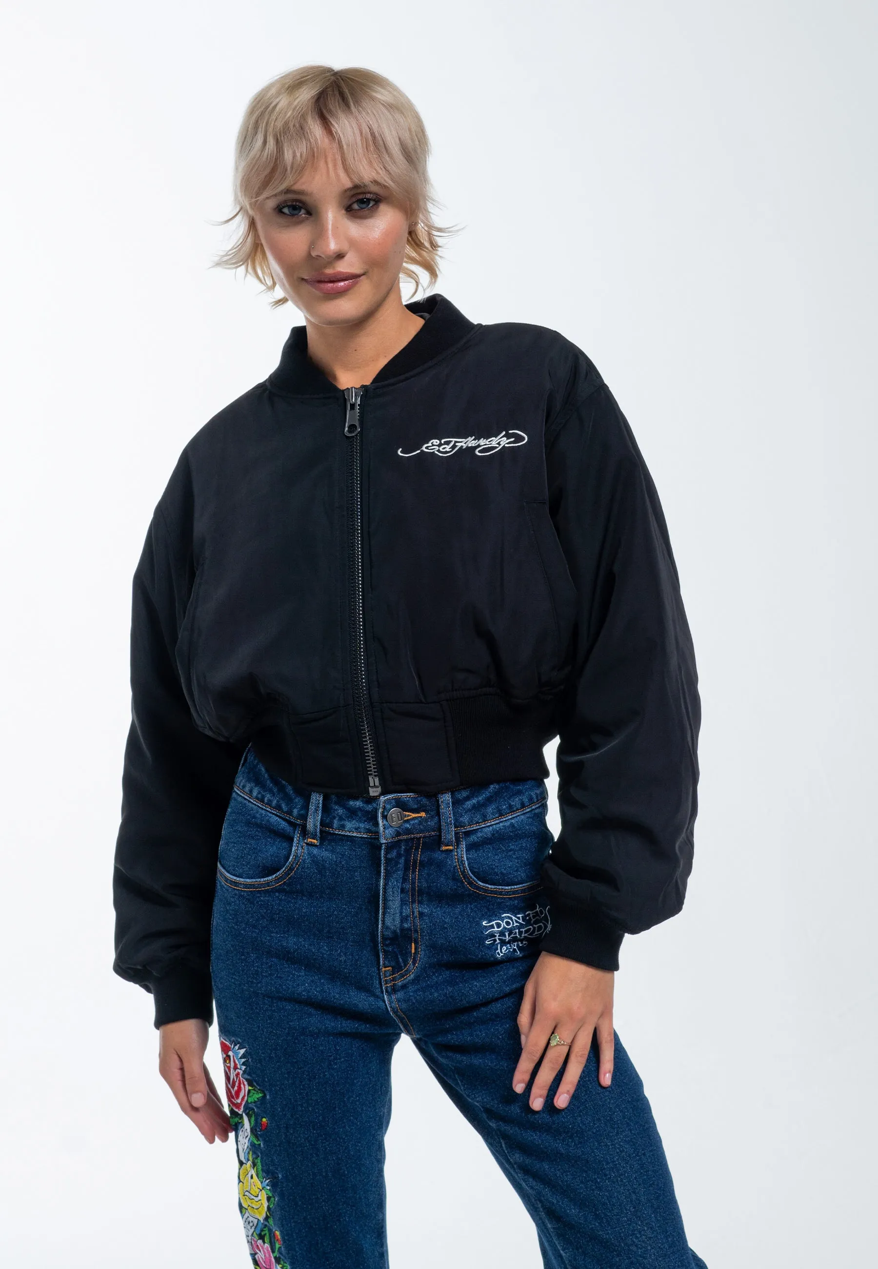 Stylish Womens Cropped Bomber Jacket in Black for Night City Life